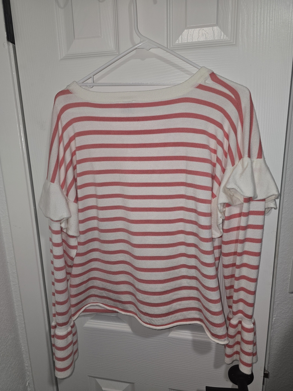 Cupio Cream and Coral Striped Ruffle Sleeve Sweatshirt